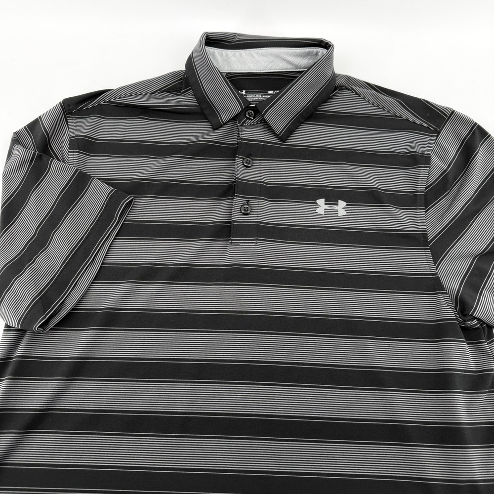 Under Armour Polo Shirt Mens‎ Medium HeatGear Striped Black Grey Loose Fit